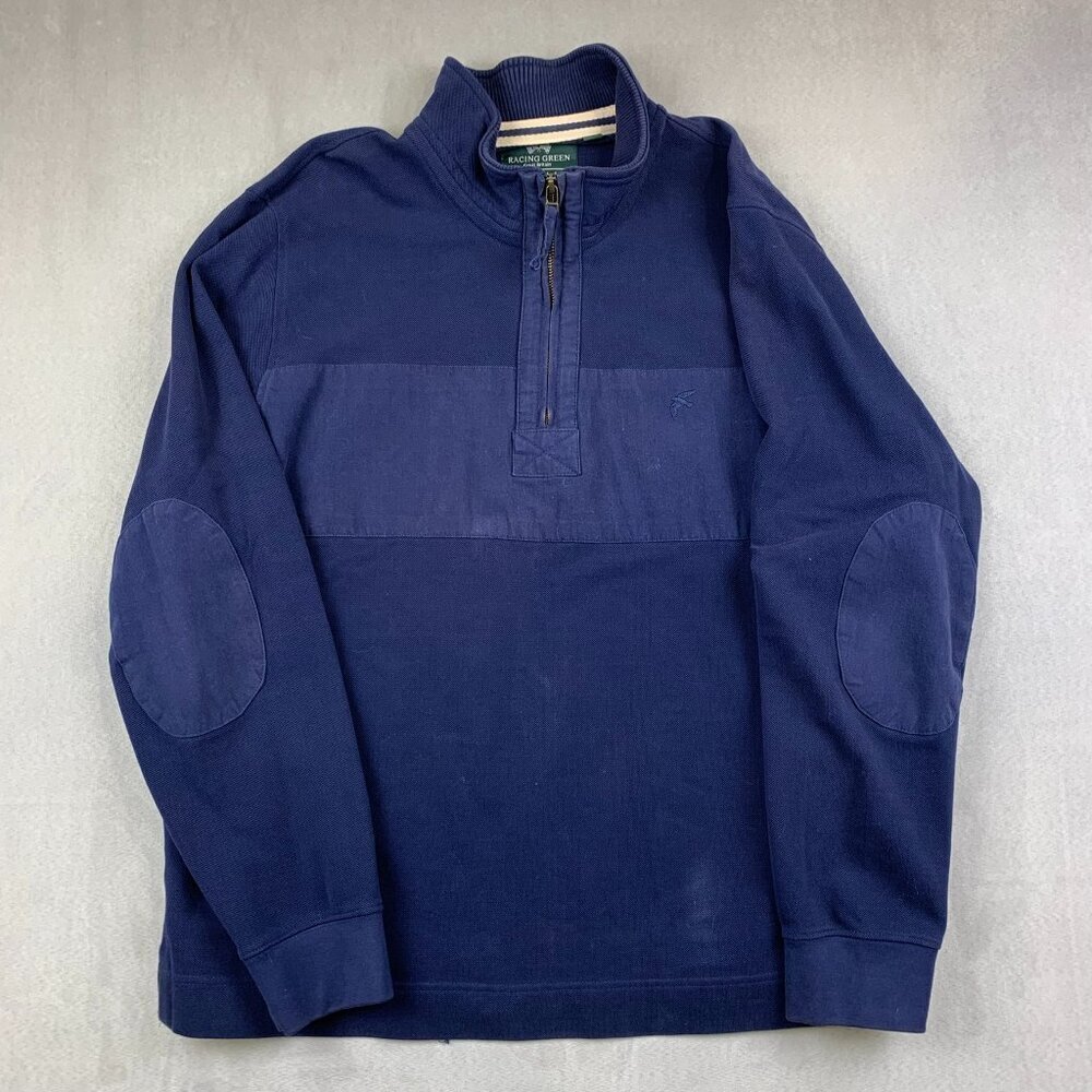 Racing Green Great Britain Mens Sweater XL Navy Blue 1/4 Zip Sweats Patches